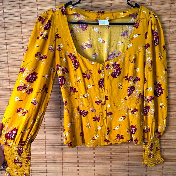 Abound Tops - Purple and yellow floral low cut long sleeve blouse